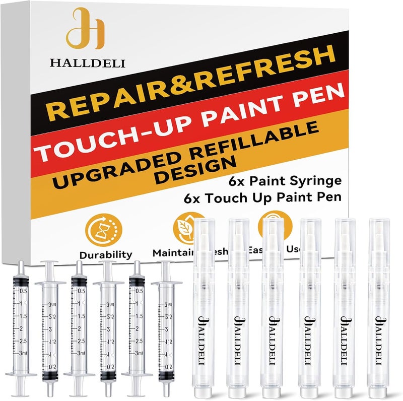Halldeli Fillable Touch Up Paint Pen Brush, 6 Pack User-Friendly Refillable Paint Pens, Multiple Applications Touch-Up Paint Brushes for Walls, Wood, Floor, Cabinets, Doors and Windows(12 Pcs Kit) - Image 1